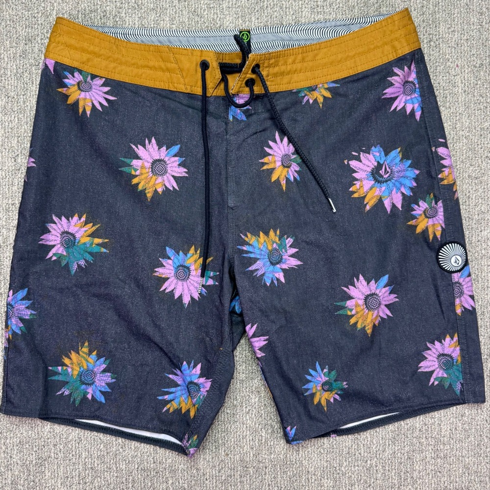 Volcom Men Floral Print Board Shorts Size 34 Cinch Fly Stretch Swim Trunks